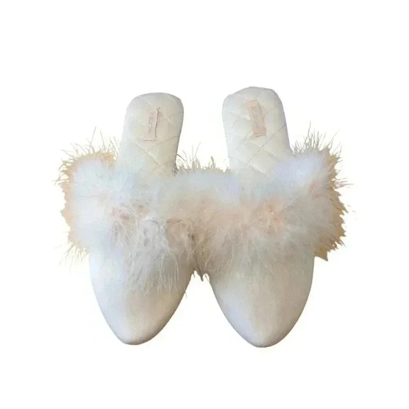 Halluci Slippers Pink Velvet Ostrich Feather Full Pointy US 6 Small Euro 36/37 - Picture 2 of 10